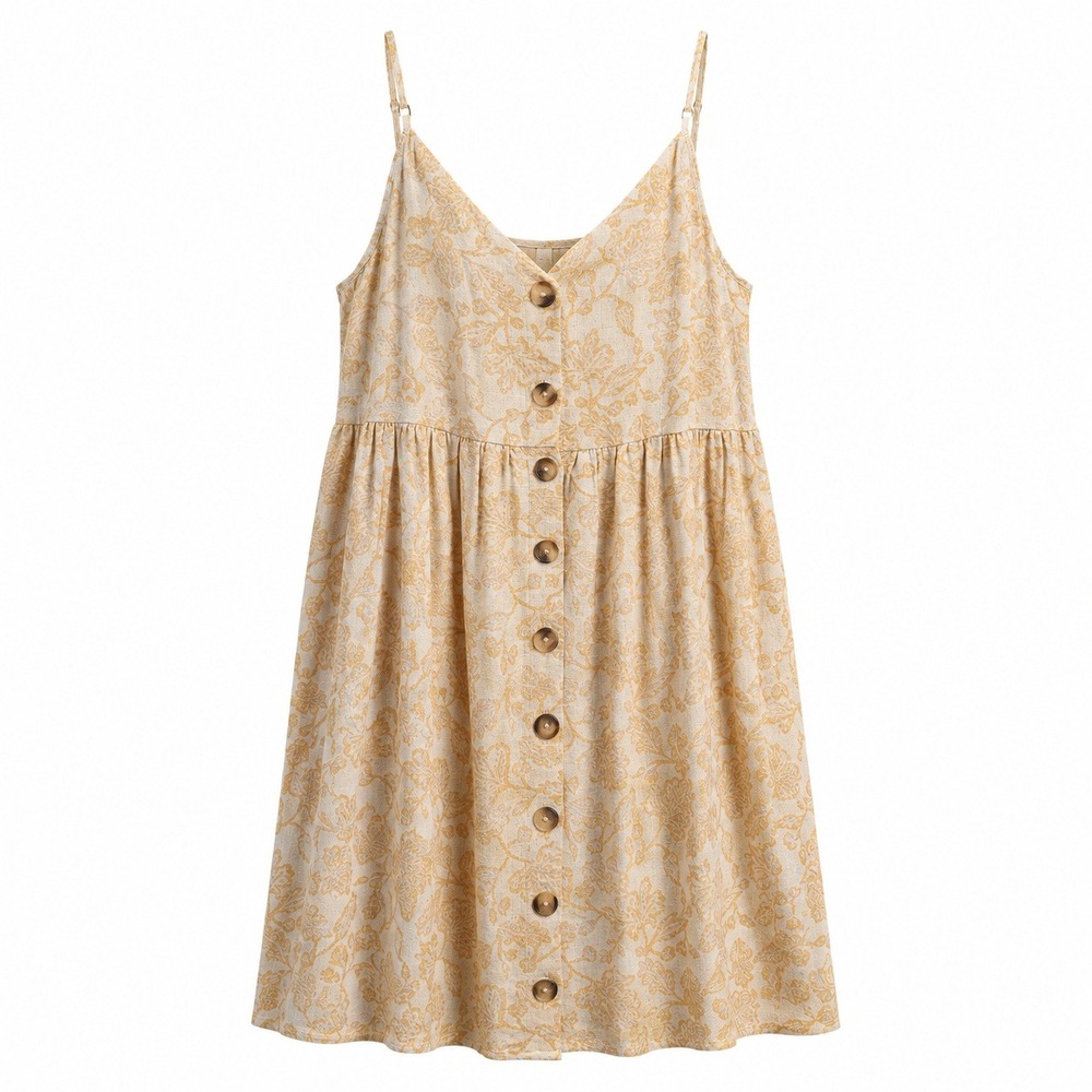Gentle Fawn Mini Dress Womens Large Yellow Floral Linen Blend Button Front Boho
